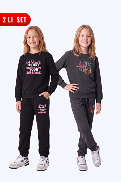 FYK KİDS Girl's 2-Piece Printed Crew Neck Double Pocket Tracksuit Set