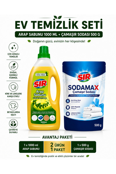 Sır Arap Sabunu 1000 ML + Sodamax Çamaşır Sodası 500 G Ev Temizlik Seti