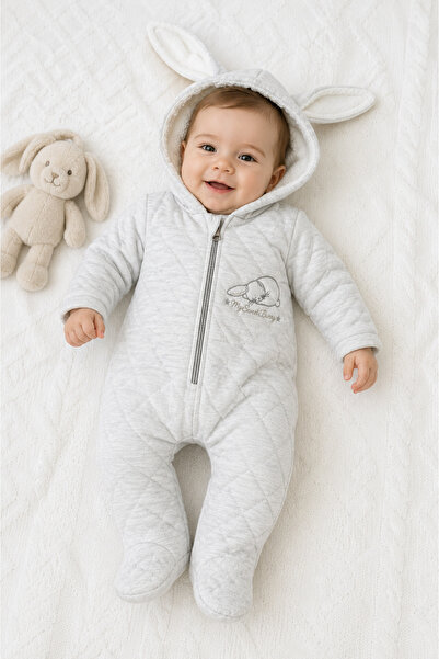 Babyhola Kapıtone Rabbit Design Hooded Baby Jumpsuit with Booties 14019