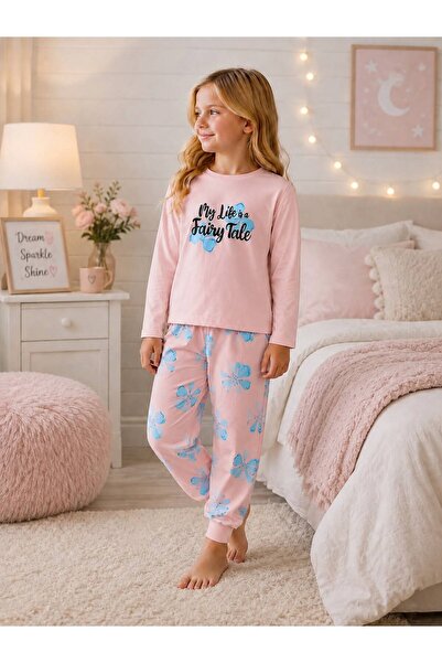 YİGİT BUTİK Girls Floral Patterned Long Sleeve Bottom Top Pajama Set