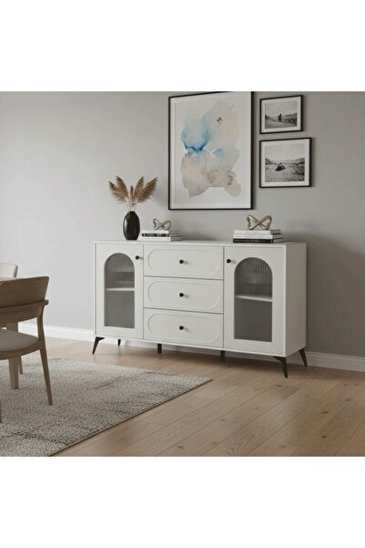 BEC20 Modern White Console Buffet Table with Arched Glass Doors and Black Acc...