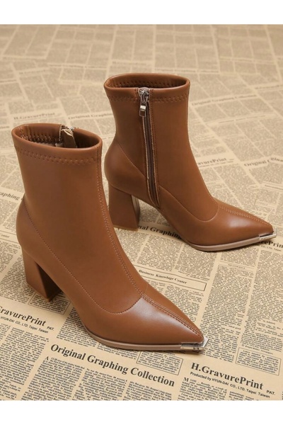ALNASER MODA Women's Zippered Pointed Toe Metal Detailed Heeled Boots