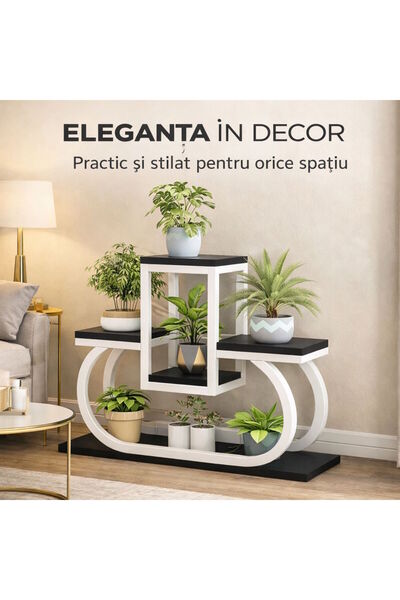 HAWIRE Suport flori SF-01, Design modern, Metal alb cu rafturi lemn, 3 nivelu...
