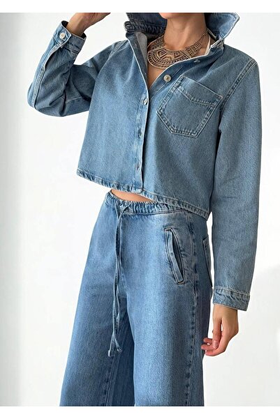 Clothes Fast Women's Light Blue Crop Denim Shirt Long Sleeve Pocketed Buttone...