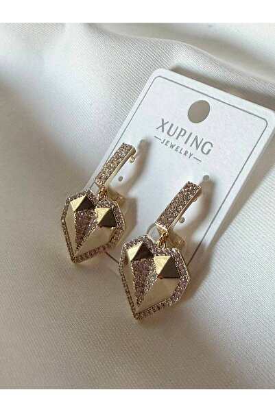 ZÜLİSCH KALPLİ XUPİNG KÜPE ZİRKON TAŞLI 14K GOLD RENK ÇELİK PASLANMAZ