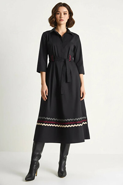 Efnaz style Women's Embroidery Detailed Collared Belted Black Shirt Dress