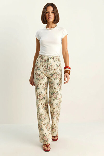 Efnaz style Women's Vintage Pattern High Waist Denim Cream Pink Trousers