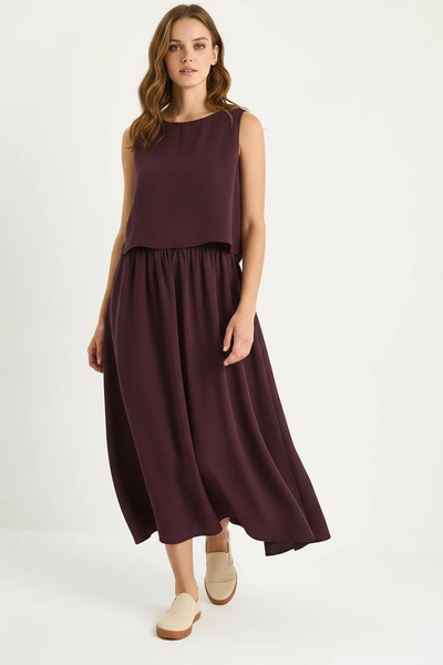 Efnaz style Women's Thick Strap Blouse Elastic Waist Skirt Modal Plum Set