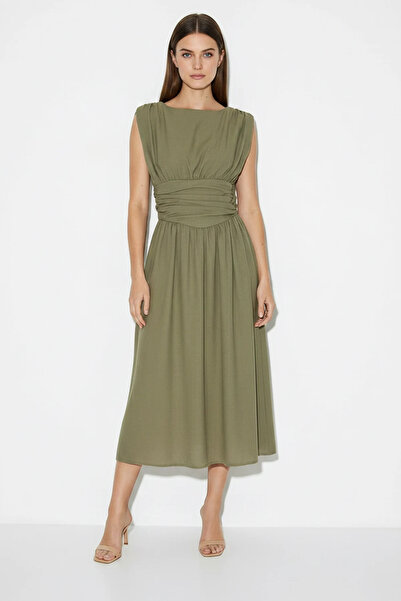 Efnaz style Women's Lined Pocket Detailed Draped Waist Design Midi Khaki Dress