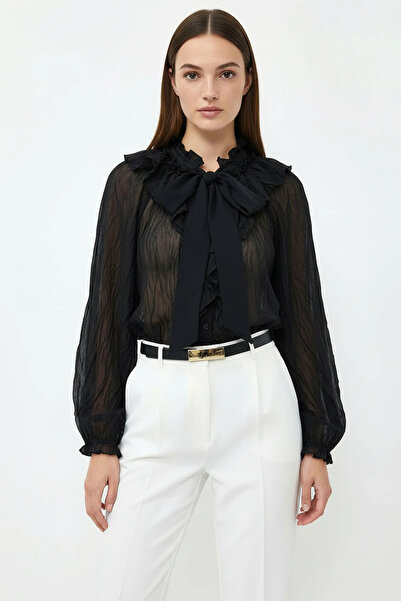 Efnaz style Women's Collar Tie-Up Black Shirt with Flounce Detail and Wrinkle...