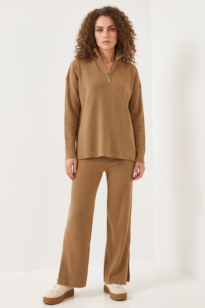 Generic Brand Women's Long Sleeve Camel Top and Bottom Set