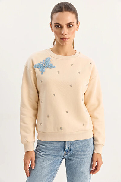 Efnaz style Women's Crew Neck Sweatshirt with Butterfly Accessories, Stone Em...