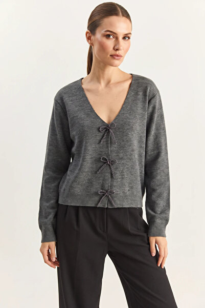 Efnaz style Women's V-Neck Knitwear Anthracite Cardigan with Pearl Bow Access...