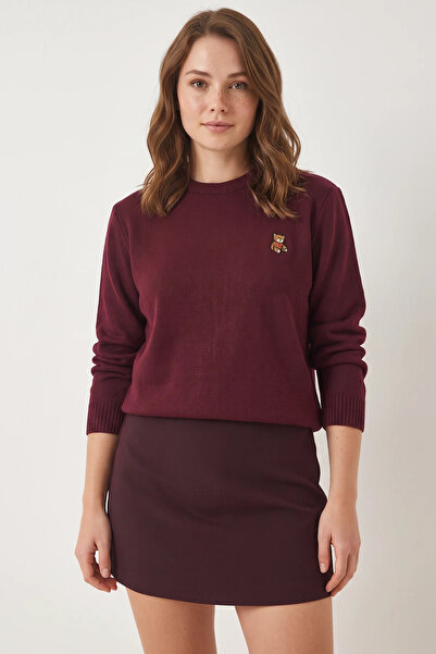 Efnaz style Women's Teddy Embroidered Basic Claret Red Sweater