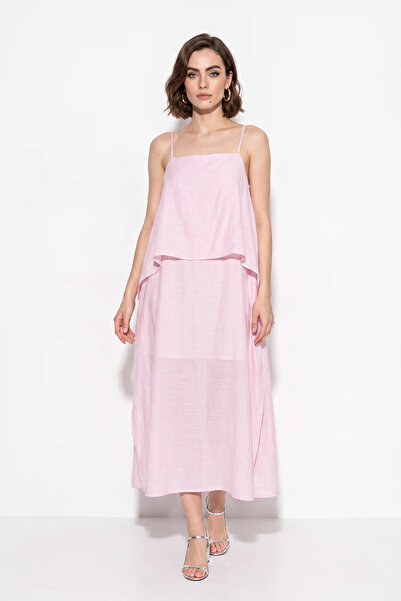 Efnaz style Women's Adjustable Strap Cape Detailed Lined Maxi Pink Dress