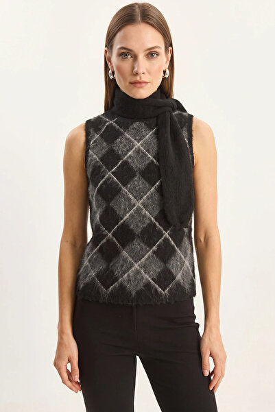 Efnaz style Women's Shawl Collar Diamond Patterned Sweater Anthracite