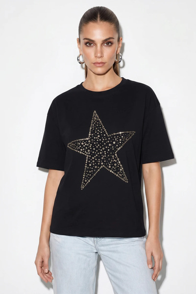 Şeker Portakalım Women's Stone Embroidered Star Detailed Oversize Cotton T-Sh...