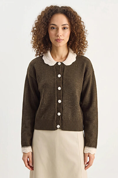 Generic Brand Women's Baby Collar Sleeve Detailed Knitwear Bitter Brown Cardigan