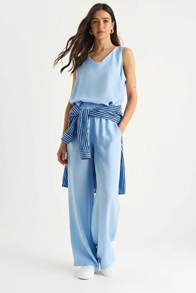 Şeker Portakalım Women's V-Neck Strappy Blouse with Palazzo Pants Baby Blue T...