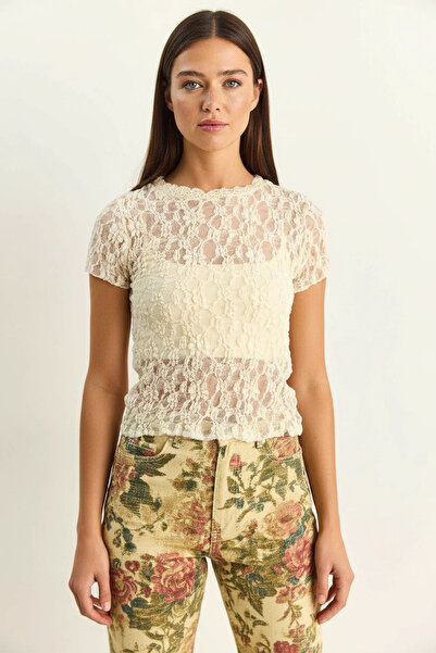 Efnaz style Women's Crew Neck Short Sleeve Transparent Lace Cream Blouse