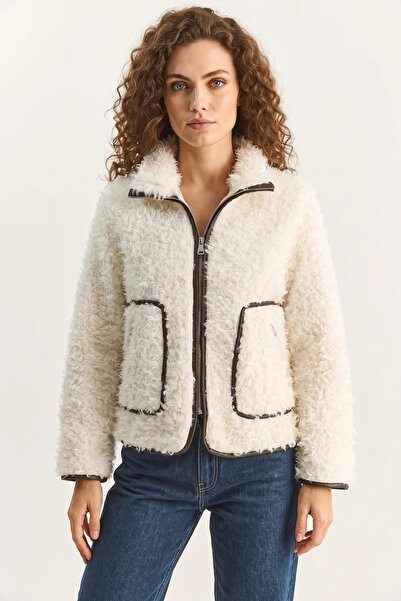 Efnaz style Women's Garni Detailed Lined Short Curly Ecru Jacket