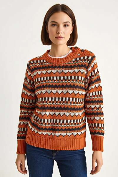 Efnaz style Women's Shoulder Patch Patterned Knitwear Orange Sweater