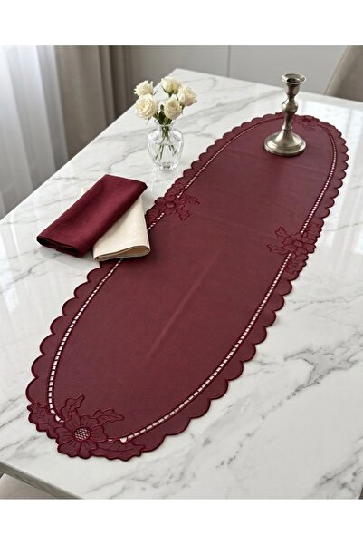 Denef Home Oval Rose - Leather Hole Work Runner Claret Red - 35X120 cm 1 Piece