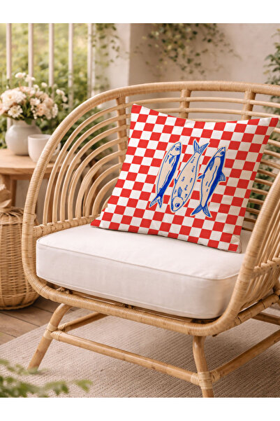 Evmila Red Checkerboard Fish Pattern Decorative Throw Pillow Cover Marine Ret...