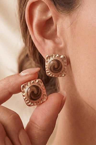 Elika Silver Gold Color Rectangular Vintage Brown Earrings