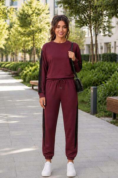 Mossta Crew Neck Mesh Detailed Pants Set - Burgundy