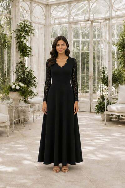 Mossta Wavy V-Neck Lace Long Crepe Dress - Black
