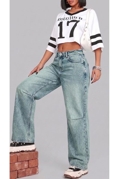 REDZARRAM Kadın Soluk Yeşil Pens Dikişli Boyfriend Wide Leg Kot Pantolon