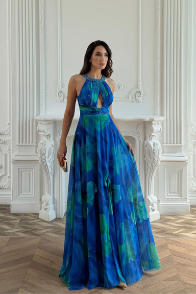 Sindimoda Halter Yaka Damla Detay Baskılı Abiye 1110