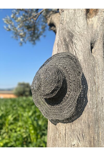MED BAG Crete El Örgüsü Kağıt İp Kadın Şapka - Dalgalı Kenar Detaylı Cloche Yazlık Plaj Şapkası (Antrasit/Gri)