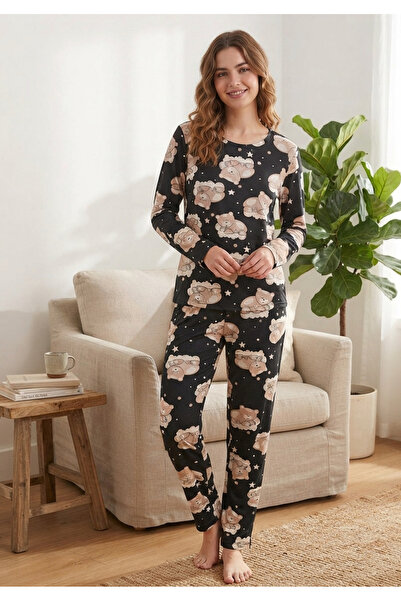 Chordi Women's Milan Long Sleeve Teddy Bear Patterned 100% Cotton Crew Neck P...