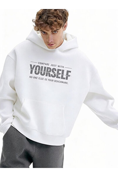 ZAVIXO Yourself Slogan Text Printed Oversize Unisex Hooded Sweatshirt with Ka...