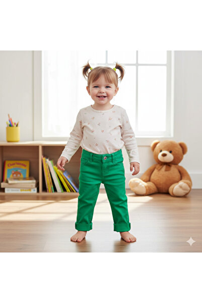onymino Girl's Green Jeans with Folded Legs and 5 Pockets, Slim Fit