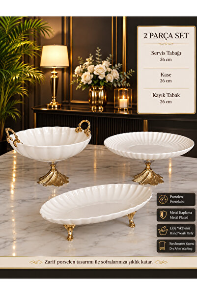 Sillage Home 3 Parça Bone Luz Serisi Porselen Servis Seti – Gold Metal Kaplam...