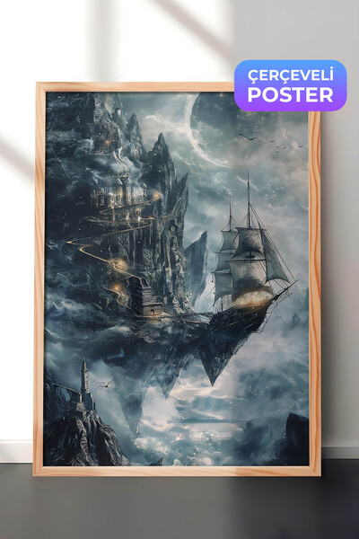 Zestia Drvena uokvirena nadrealna fantastična umetnička zidna slika, Brod i Z...