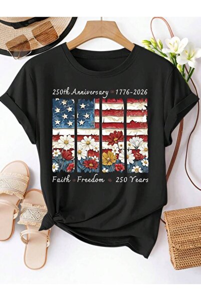 25W Plus Size Women's Casual Short Sleeve T-Shirt, Crew Neck With Floral Amer...