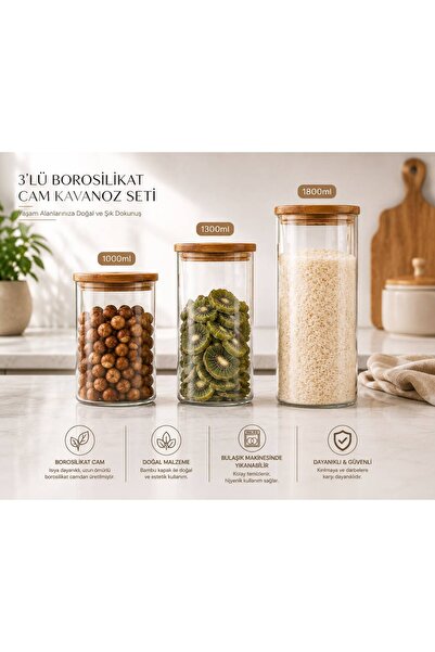 CİHO 3 Pieces Glass 1Lt - 1.3 Lt - 1.8 Lt Acacia Vacuum Lid Food Jar Storage ...