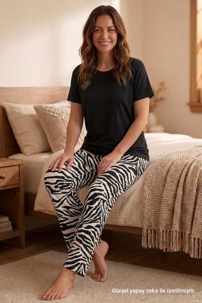 VİP BERA TEKSTİL Kadın Zebra Desenli Rahat Ev Stili Viskon Pijama Altı