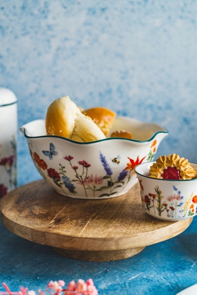 MPLCO Bol ceramic de supă și salată, 1L, alb floral retro