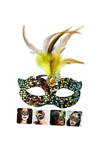 pınaxar Black Velvet with Colorful Sequins, Yellow Feathers and Yellow Stones...