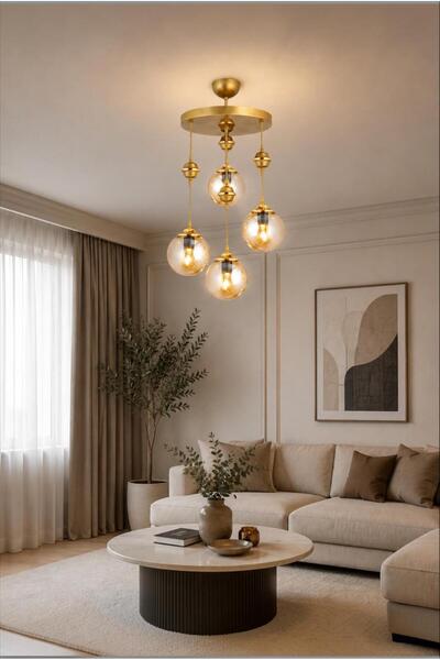 Elizim Home Lighting Vega 4’lü Bal Camlı Modern Sarkıt Salon- Oturma Odası- Y...