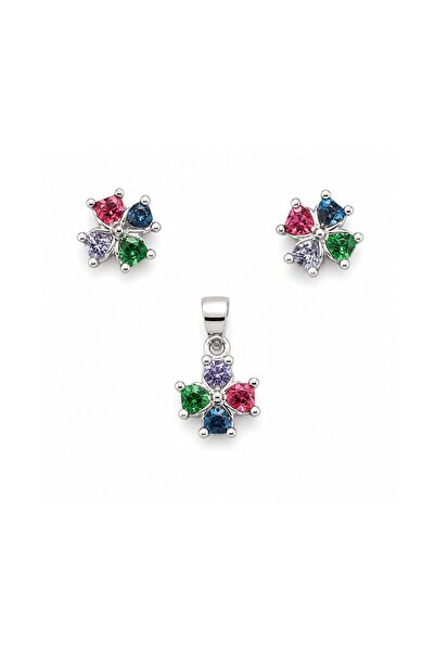 Generic Brand 925 Silver Set, Silver, 4 Petals Colorful Flower