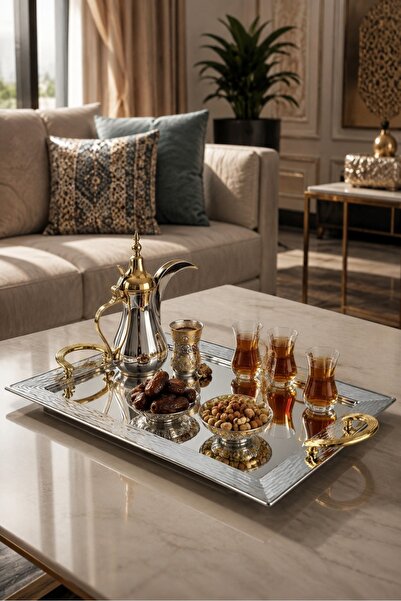 Generic Luxury Indian Serving Platter with Golden Handles & Mirror Surface (3...