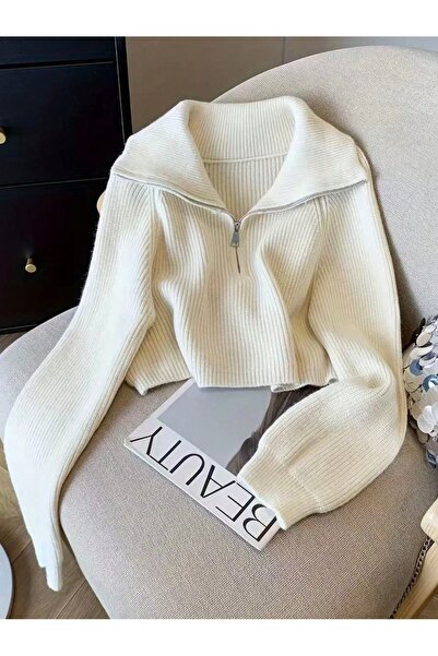 POİNE Women's Turn-Down Collar Oversize Thessaloniki Knit Zippered Sweater