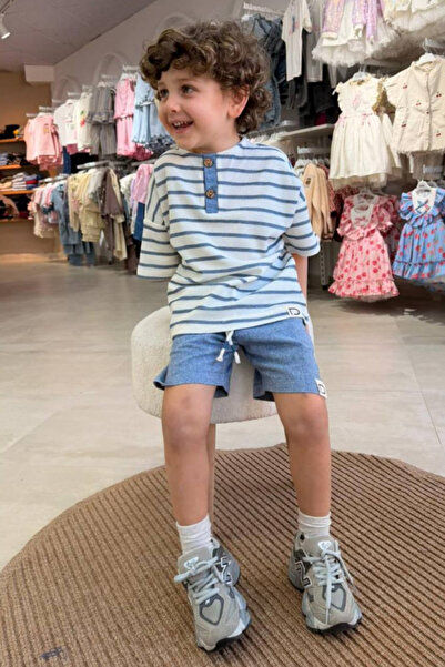NOBLEKIDS Children's Striped Henley Collar T-Shirt and Shorts Set Blue