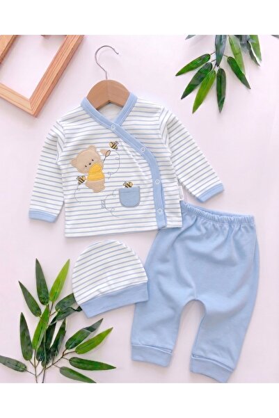voyyo kids baby Baby Boy Striped Teddy Bear Printed Hat 3-Piece Newborn 0-3 M...
